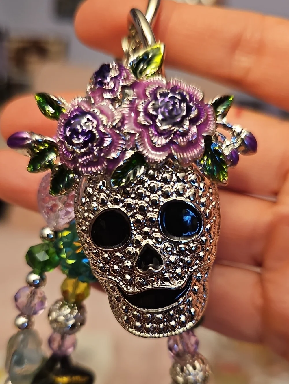 Silver Crystal Skull Purse Charm with Purple Rose Accents